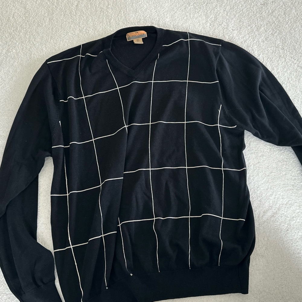 Black V-Neck Sweater with Grid Pattern